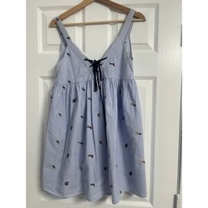 Zara Trafaluc Blue Pinstripe Floral Embroidered Lace Up Babydoll Mini Dress S